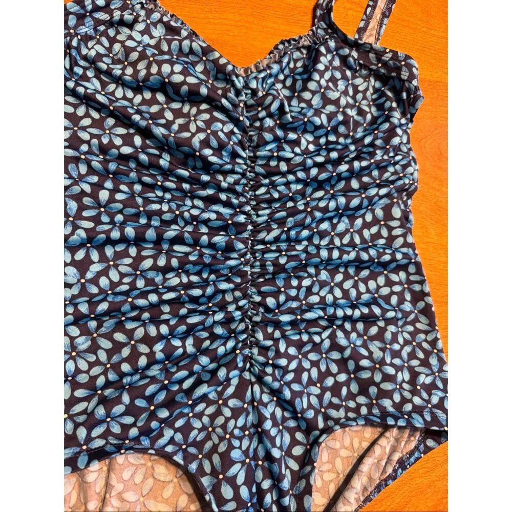 Gabar Women's Floral Ruched Front V-Neck One-Piece Swimsuit Navy Blue Size 14